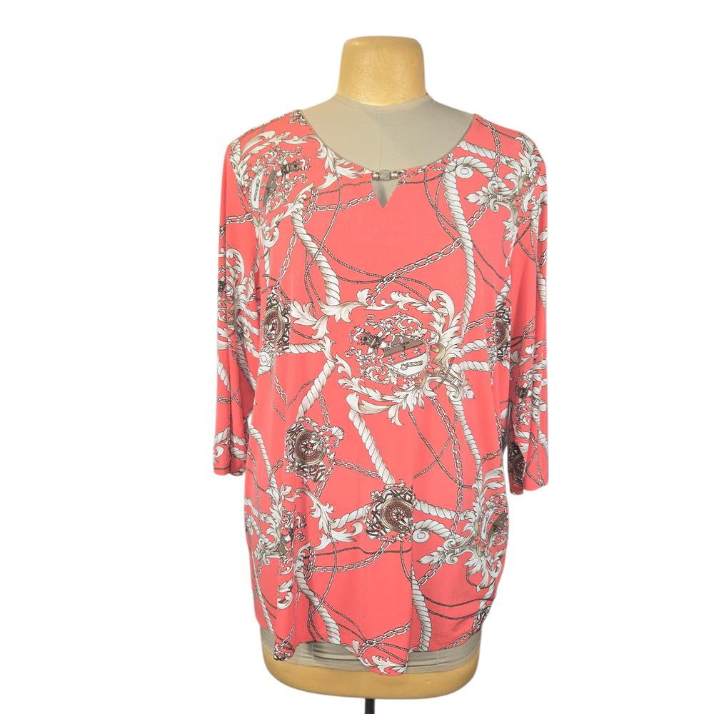 Susan Graver Women's‎ 2X Liquid Knit Coral Chain Rope Scroll Keyhole Tunic Top